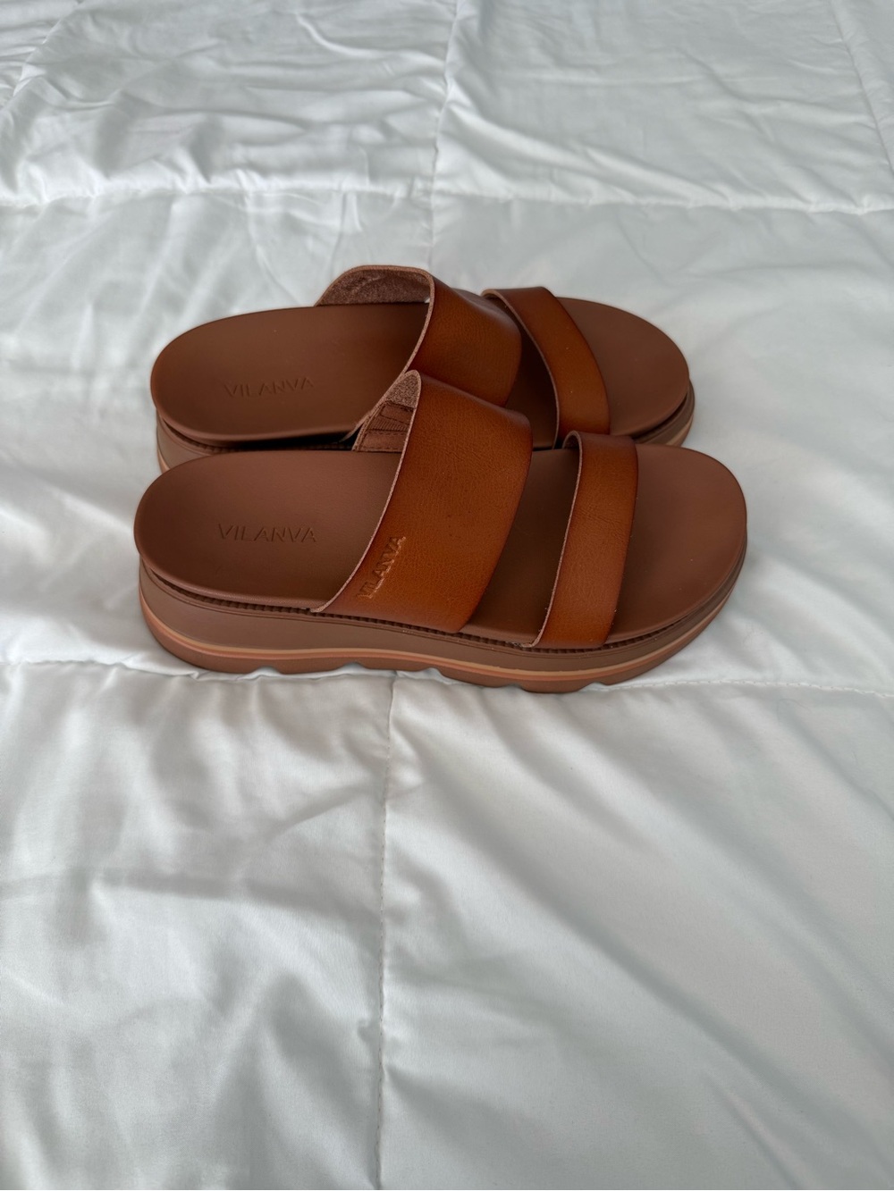 Tan Platform Slide Sandals with Dual Straps